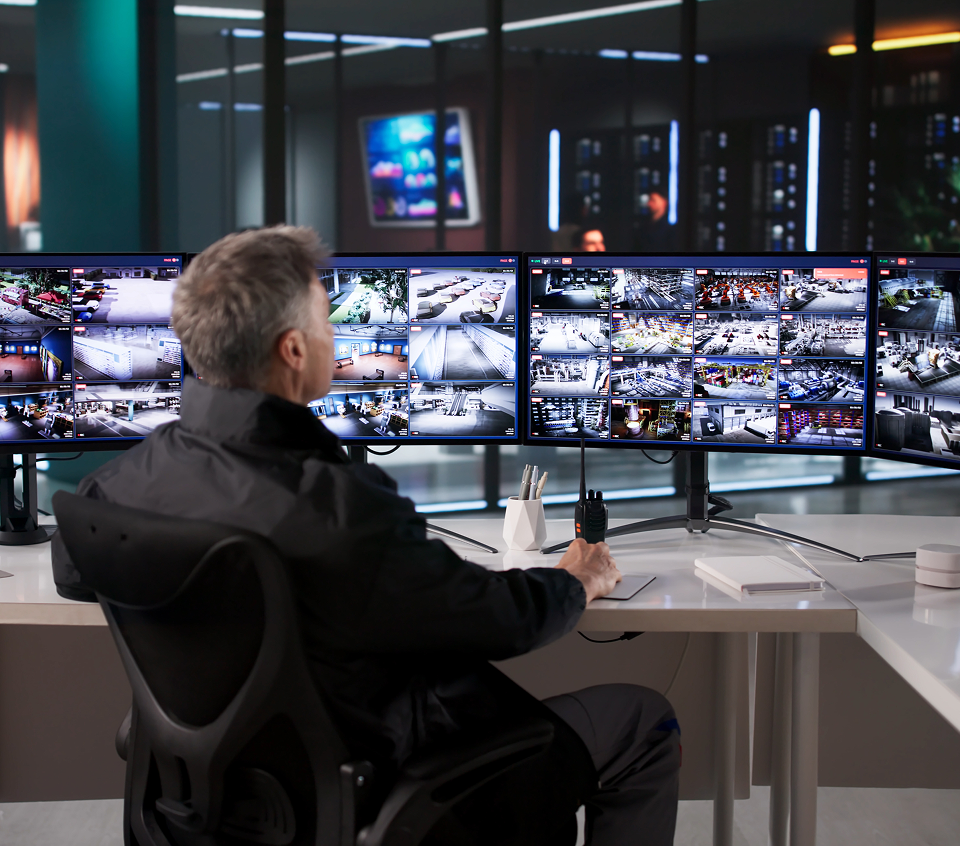 A security officer monitors multiple surveillance camera feeds on several large screens at a control room desk, holding a walkie-talkie.