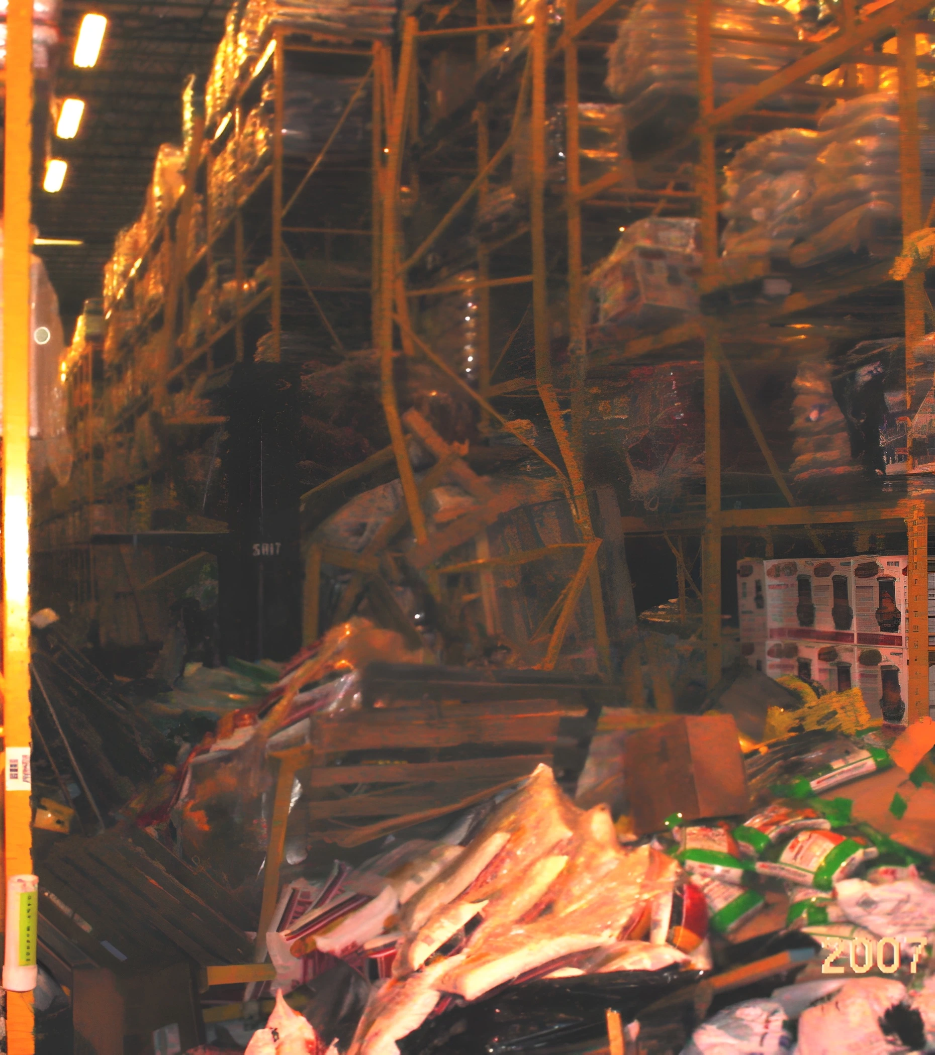 Warehouse storage shelves with various products
