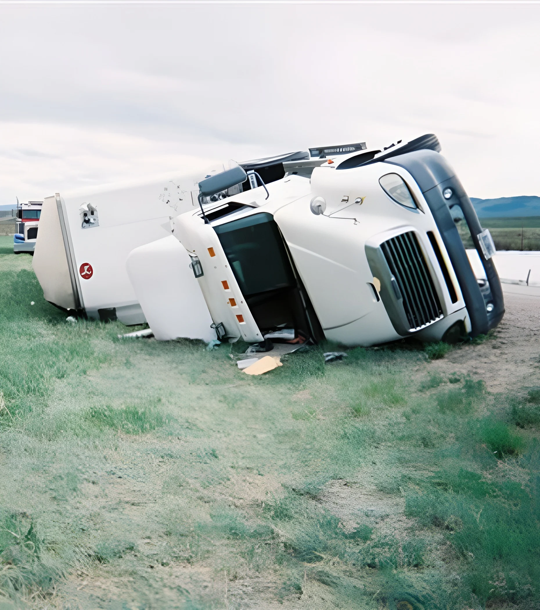 Tipped semi-truck in rural area