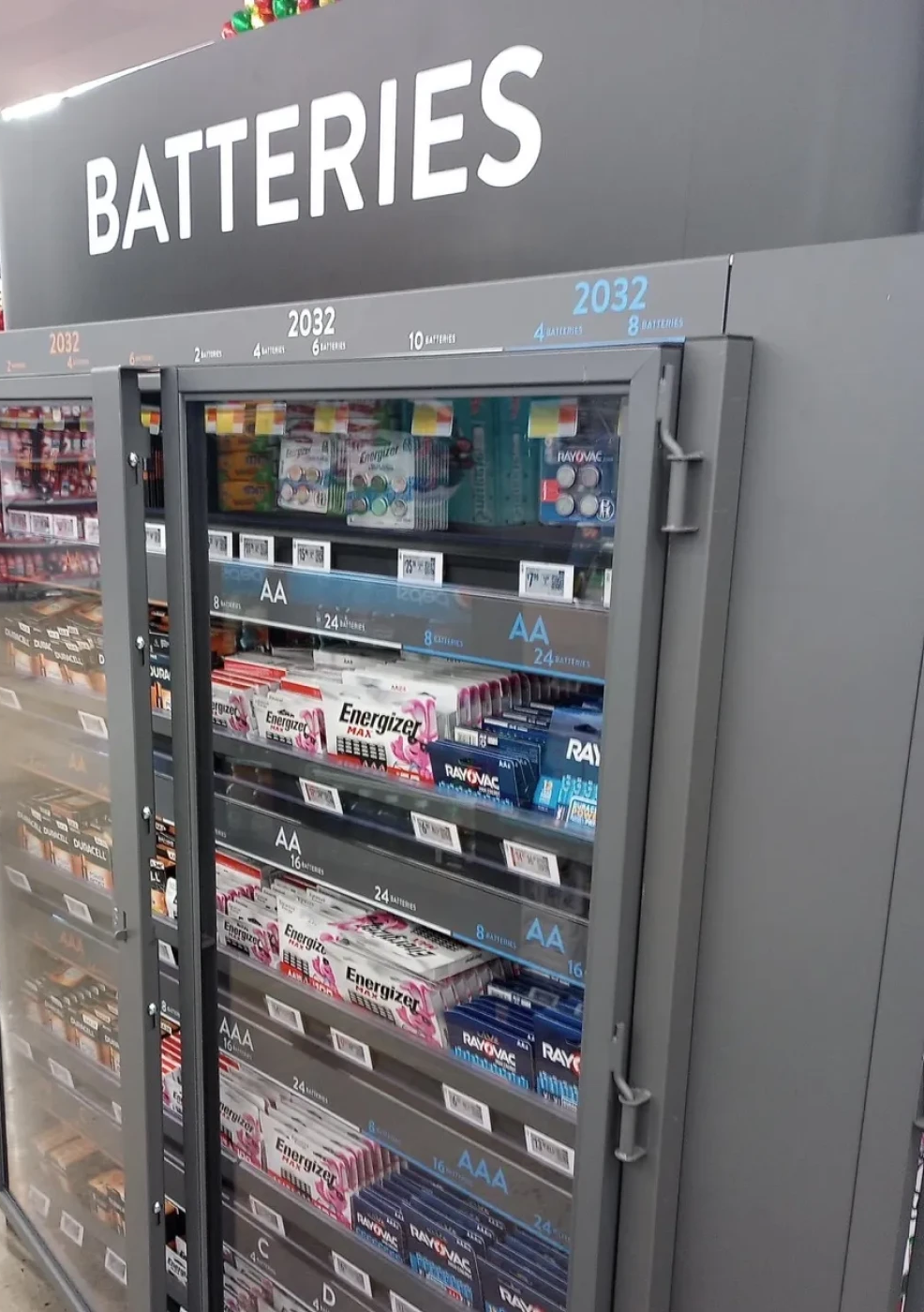 Batteries display shelf in a retail store.